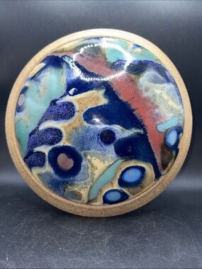 Ken Pick Abstract Modernist Glazed Stoneware Art Pottery Footed Disc Vase Vessel